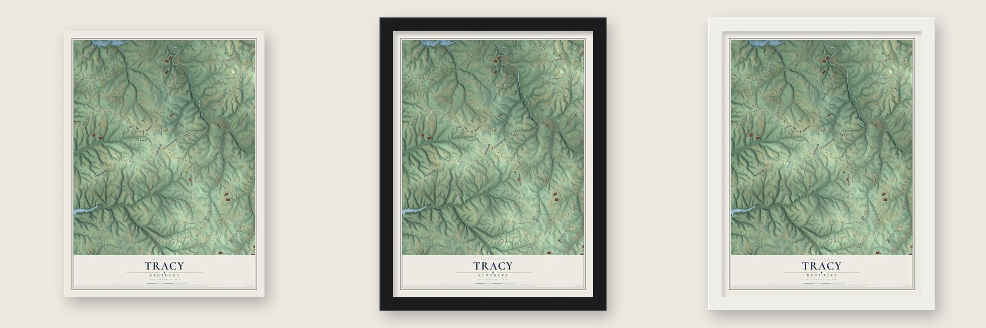 Tracy, Kentucky map unframed, in a black wood frame and in a white wood frame