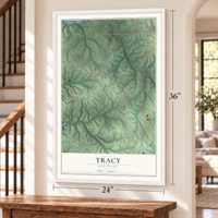 Tracy, Kentucky map, 24 x 36 inch print in a white frame by a staircase