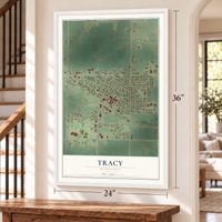Tracy, Minnesota map, 24 x 36 inch print in a white frame by a staircase