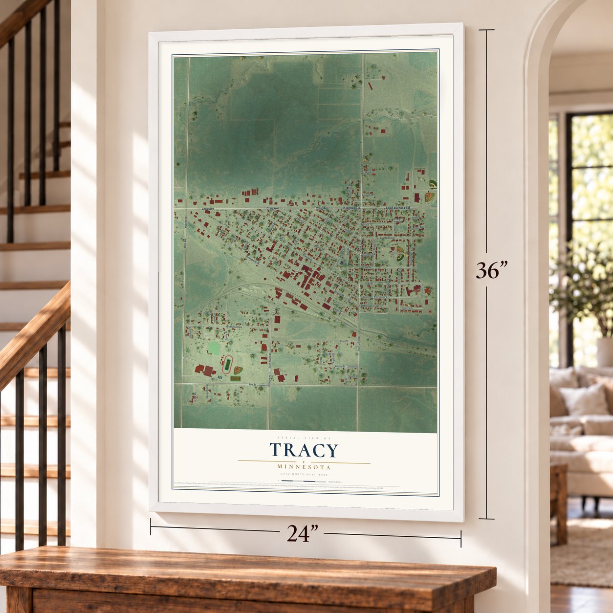Tracy, Minnesota map, 24 x 36 inch print in a white frame by a staircase