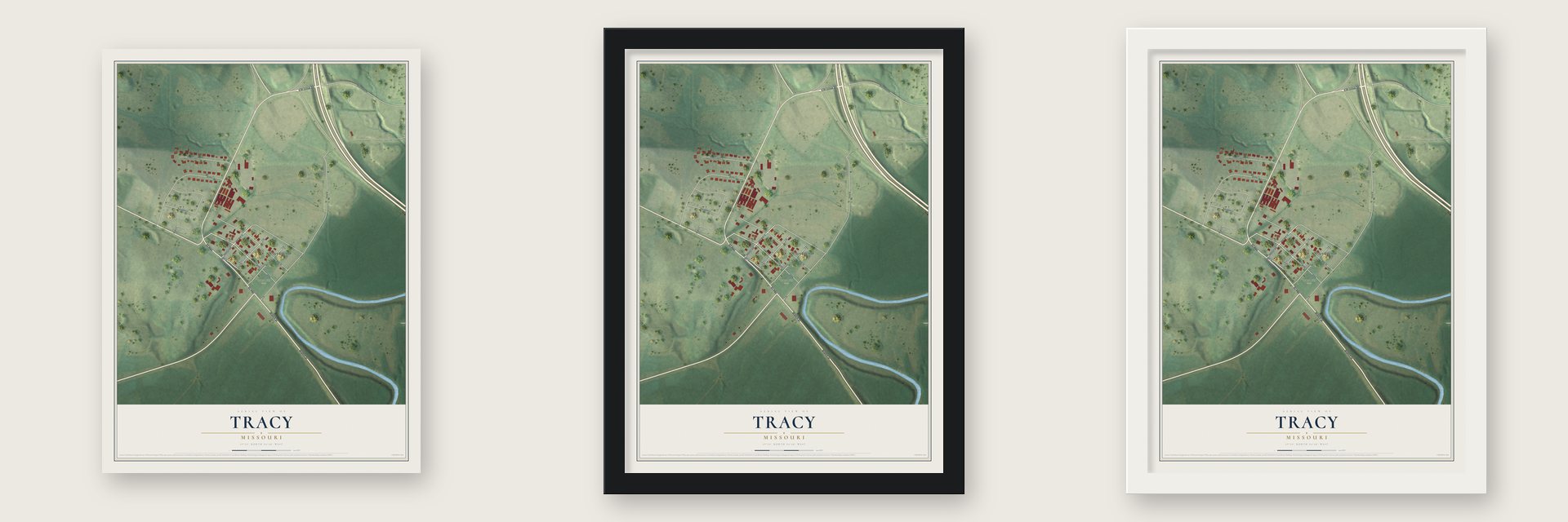 Tracy, Missouri map unframed, in a black wood frame and in a white wood frame