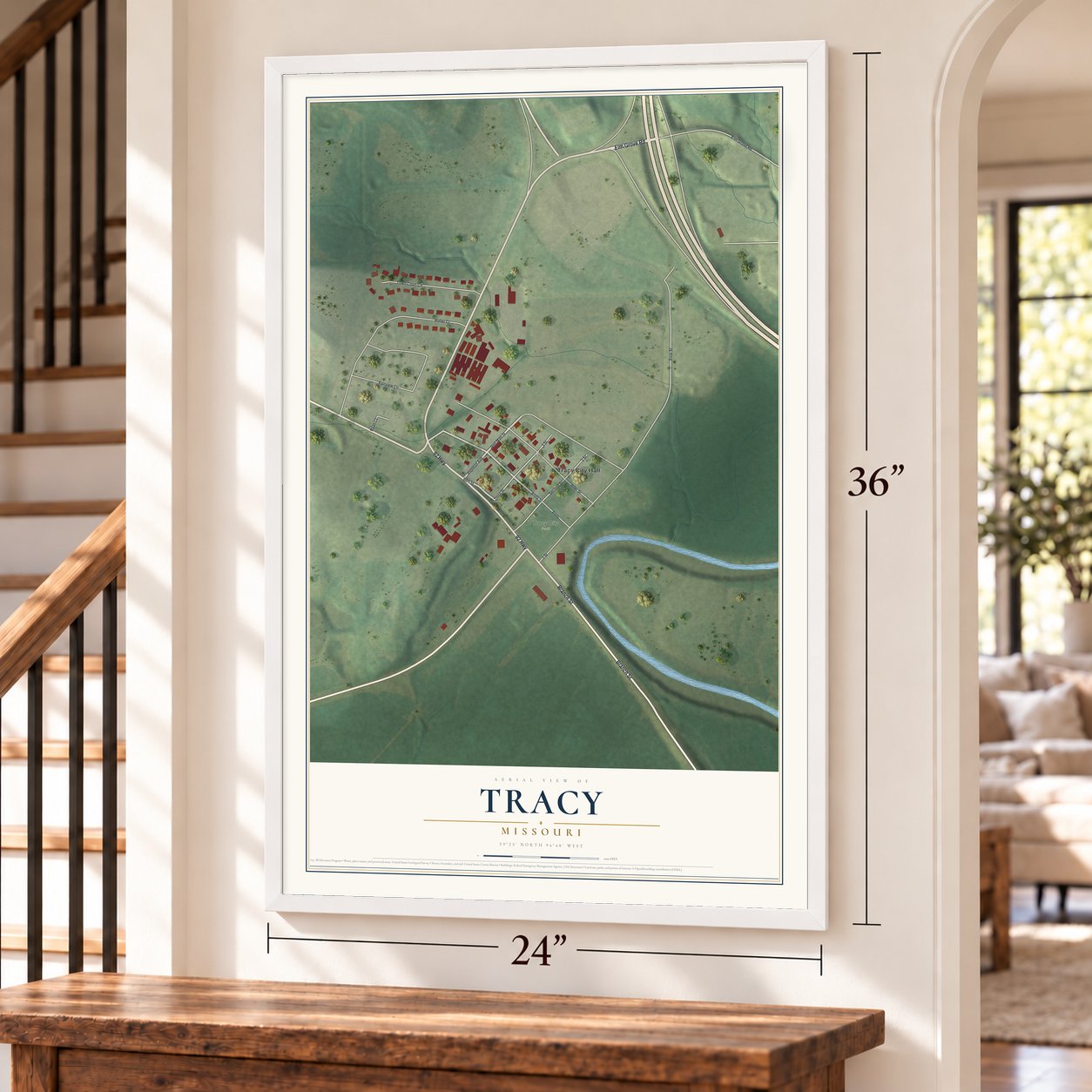 Tracy, Missouri map, 24 x 36 inch print in a white frame by a staircase
