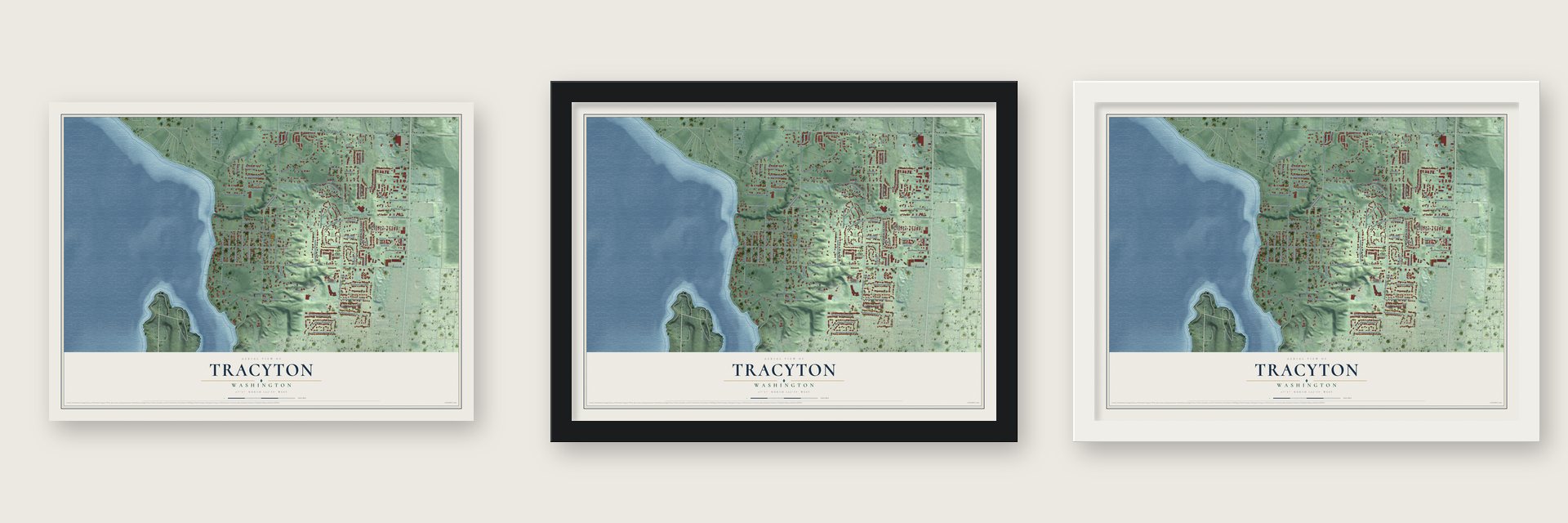 Tracyton, Washington map unframed, in a black wood frame and in a white wood frame