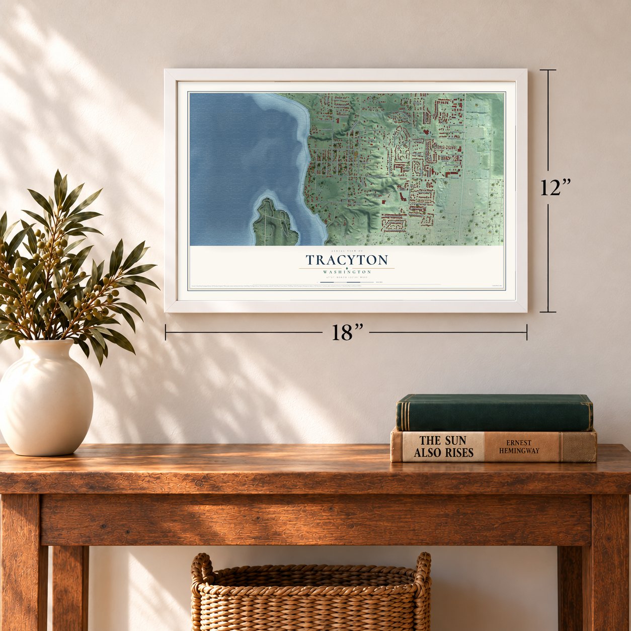 Tracyton, Washington map, 12 x 18 inch print in a white frame in an entryway