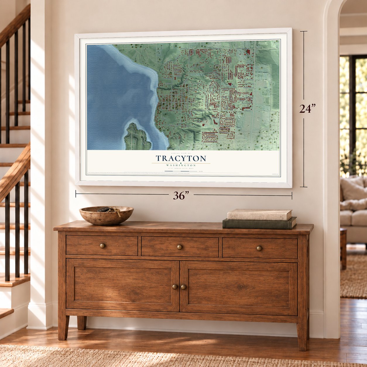 Tracyton, Washington map, 24 x 36 inch print in a white frame above a dresser by a staircase