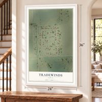 Tradewinds, Texas map, 24 x 36 inch print in a white frame by a staircase