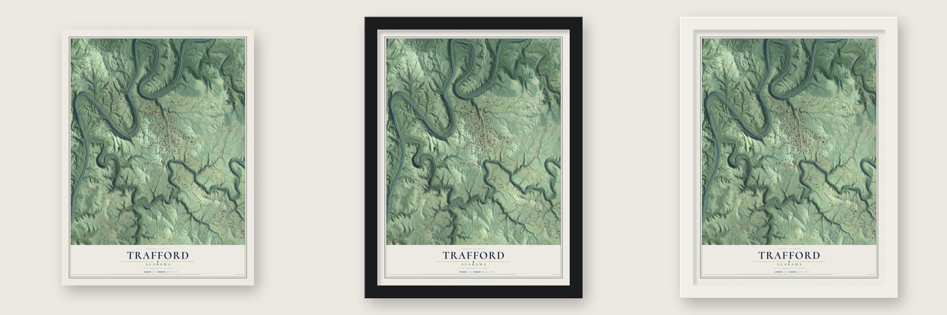 Trafford, Alabama map unframed, in a black wood frame and in a white wood frame