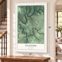 Trafford, Alabama map, 24 x 36 inch print in a white frame by a staircase