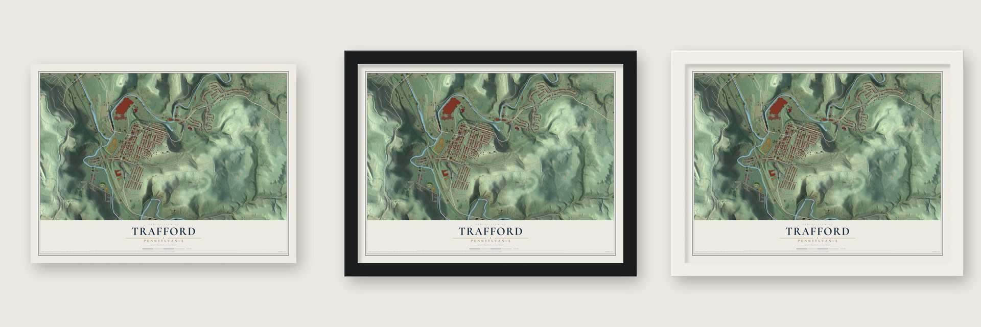 Trafford, Pennsylvania map unframed, in a black wood frame and in a white wood frame