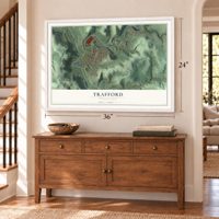 Trafford, Pennsylvania map, 24 x 36 inch print in a white frame above a dresser by a staircase