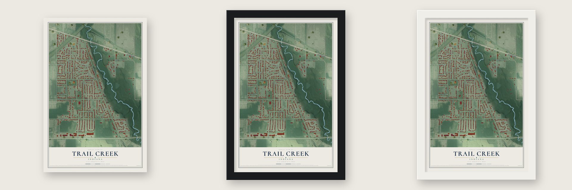 Trail Creek, Indiana map unframed, in a black wood frame and in a white wood frame