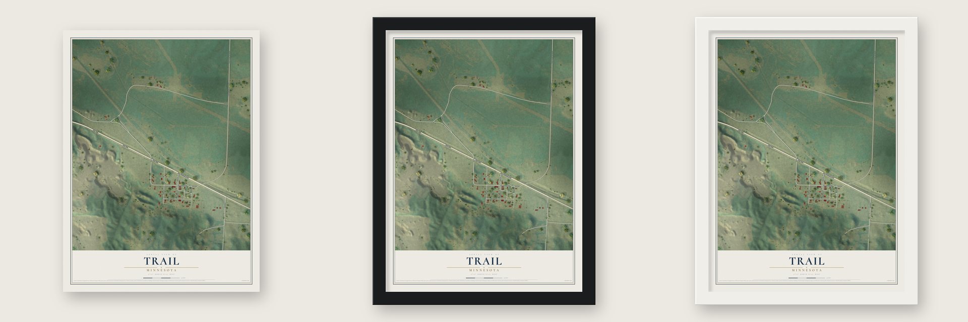 Trail, Minnesota map unframed, in a black wood frame and in a white wood frame
