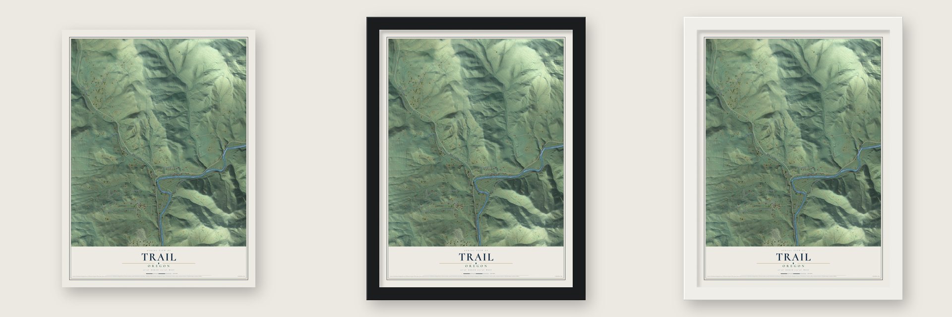 Trail, Oregon map unframed, in a black wood frame and in a white wood frame