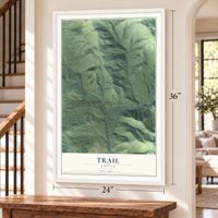 Trail, Oregon map, 24 x 36 inch print in a white frame by a staircase