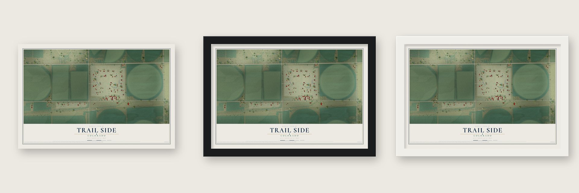 Trail Side, Colorado map unframed, in a black wood frame and in a white wood frame