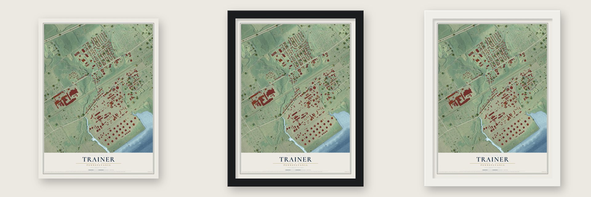 Trainer, Pennsylvania map unframed, in a black wood frame and in a white wood frame