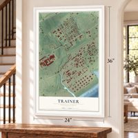 Trainer, Pennsylvania map, 24 x 36 inch print in a white frame by a staircase
