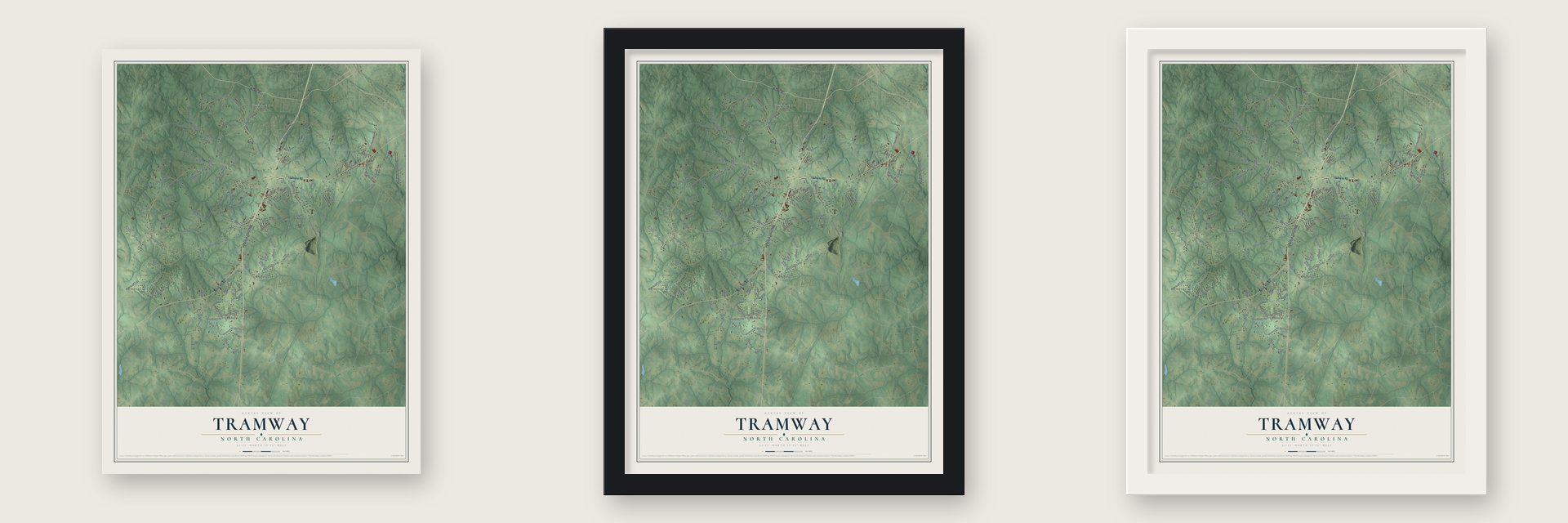 Tramway, North Carolina map unframed, in a black wood frame and in a white wood frame