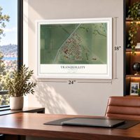 Tranquillity, California map, 18 x 24 inch print in a white frame in a home office