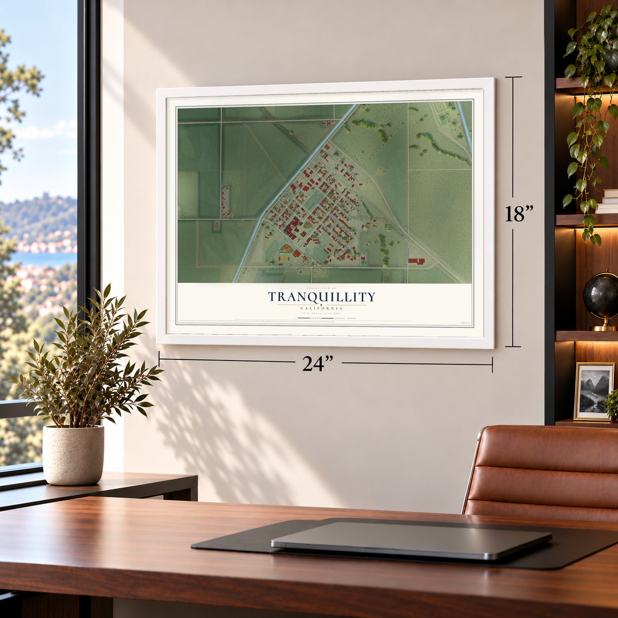 Tranquillity, California map, 18 x 24 inch print in a white frame in a home office