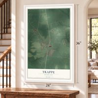 Trappe, Maryland map, 24 x 36 inch print in a white frame by a staircase