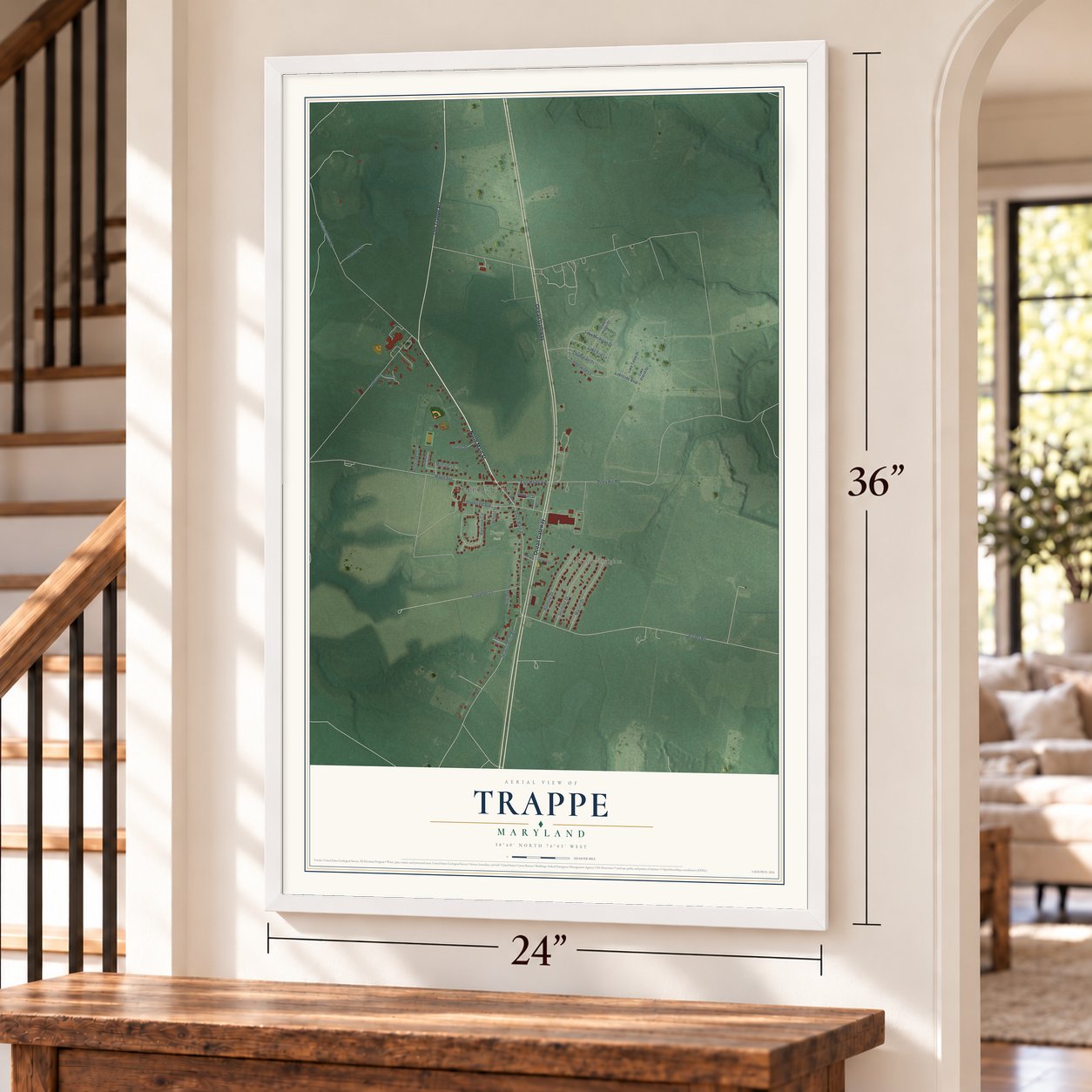 Trappe, Maryland map, 24 x 36 inch print in a white frame by a staircase