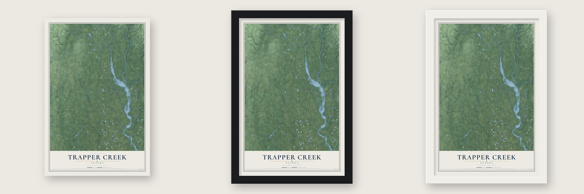 Trapper Creek, Alaska map unframed, in a black wood frame and in a white wood frame
