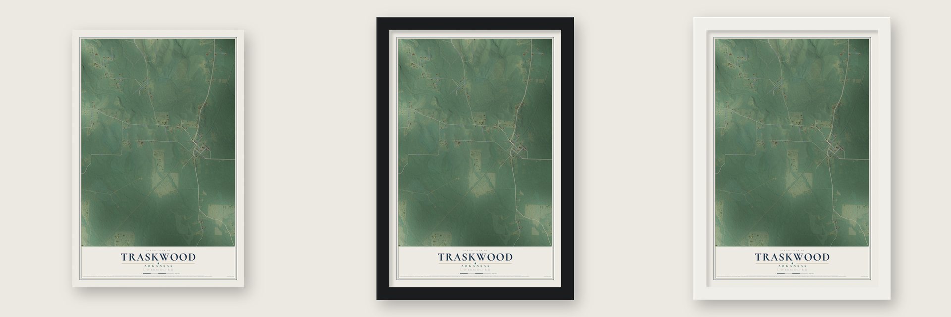 Traskwood, Arkansas map unframed, in a black wood frame and in a white wood frame