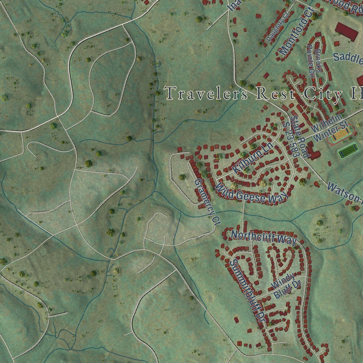 Second close-up of the map of Travelers Rest, South Carolina print showing more streets and buildings