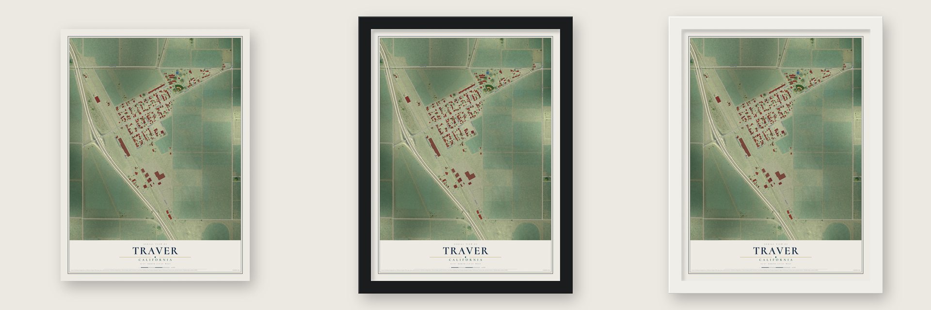 Traver, California map unframed, in a black wood frame and in a white wood frame