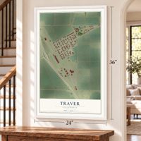 Traver, California map, 24 x 36 inch print in a white frame by a staircase