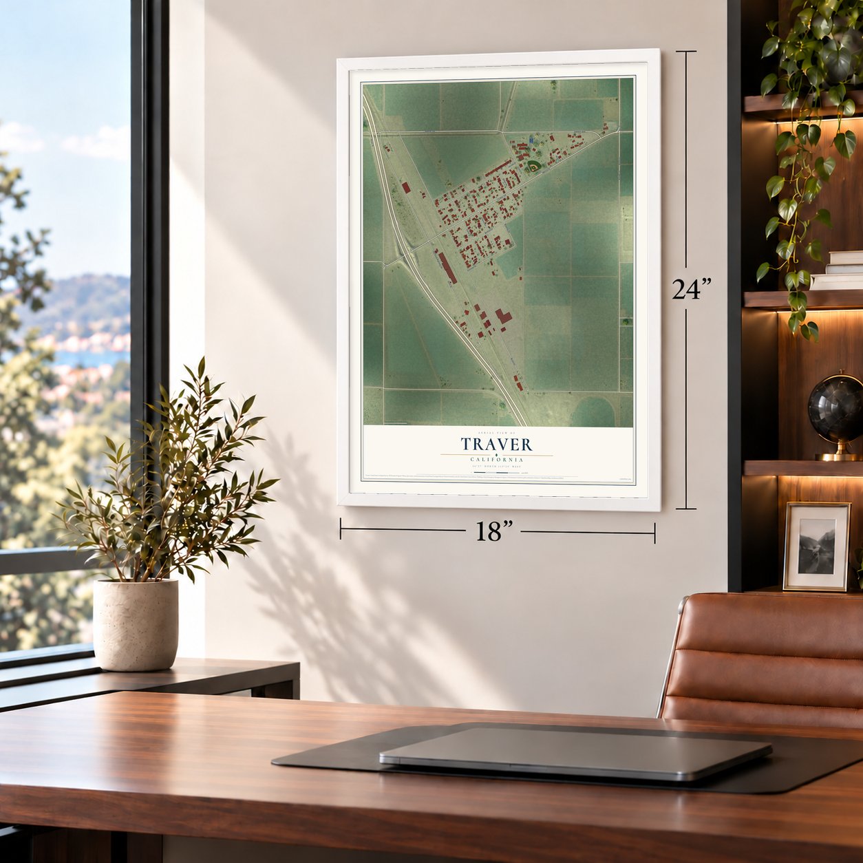 Traver, California map, 18 x 24 inch print in a white frame in a home office