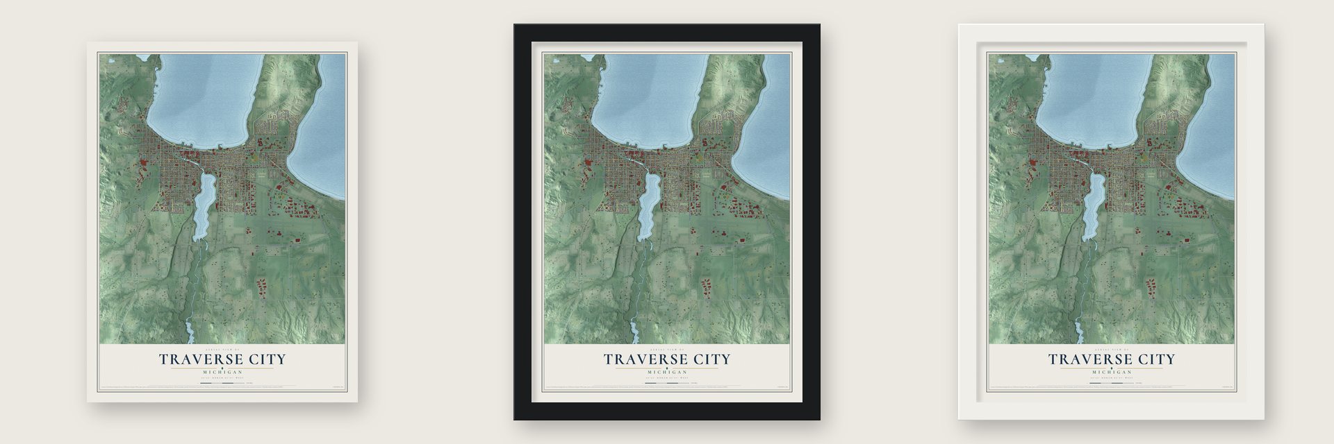 Traverse City, Michigan map unframed, in a black wood frame and in a white wood frame