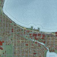 Second close-up of the map of Traverse City, Michigan print showing more streets and buildings