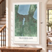Traverse City, Michigan map, 24 x 36 inch print in a white frame by a staircase