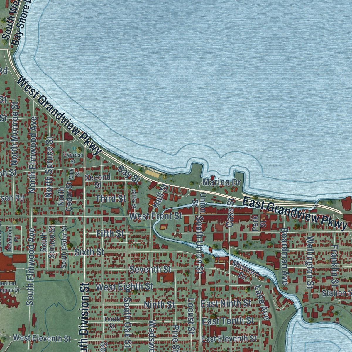 Second close-up of the map of Traverse City, Michigan print showing more streets and buildings