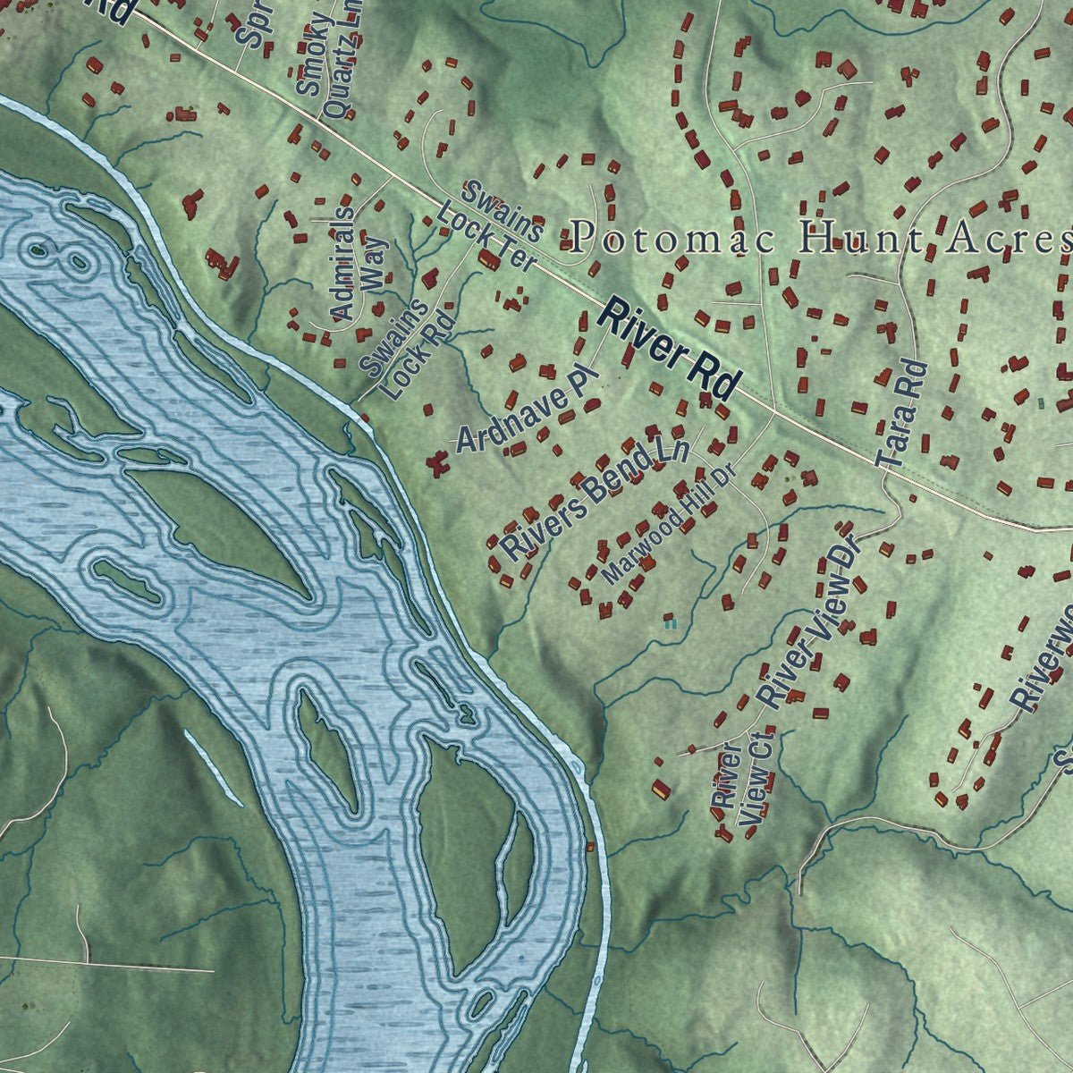 Second close-up of the map of Travilah, Maryland print showing more streets and buildings