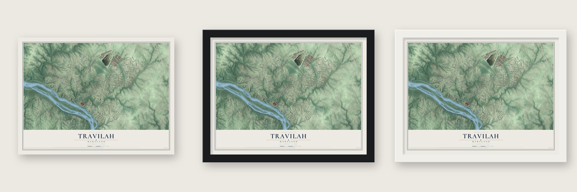 Travilah, Maryland map unframed, in a black wood frame and in a white wood frame