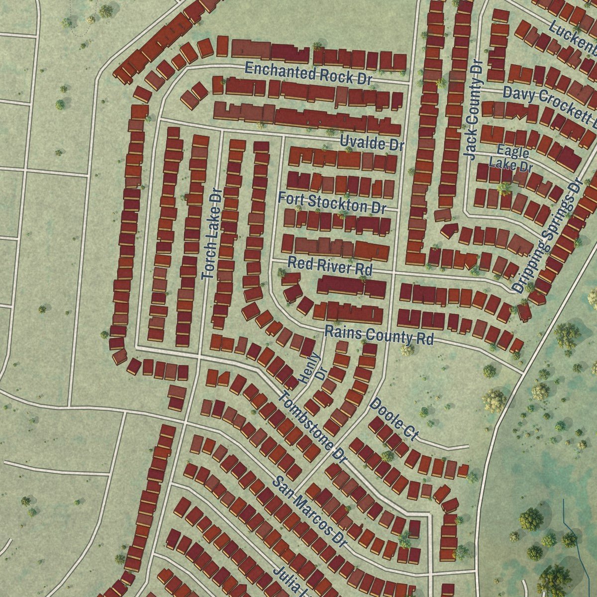 Second close-up of the map of Travis Ranch, Texas print showing more streets and buildings