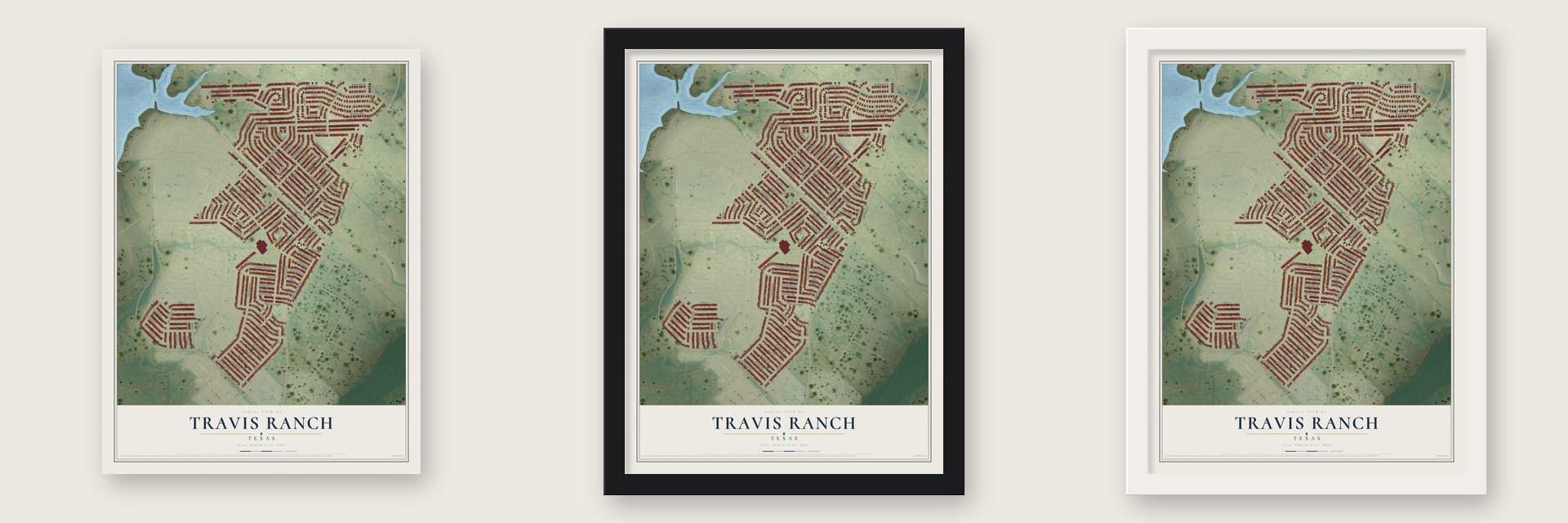 Travis Ranch, Texas map unframed, in a black wood frame and in a white wood frame