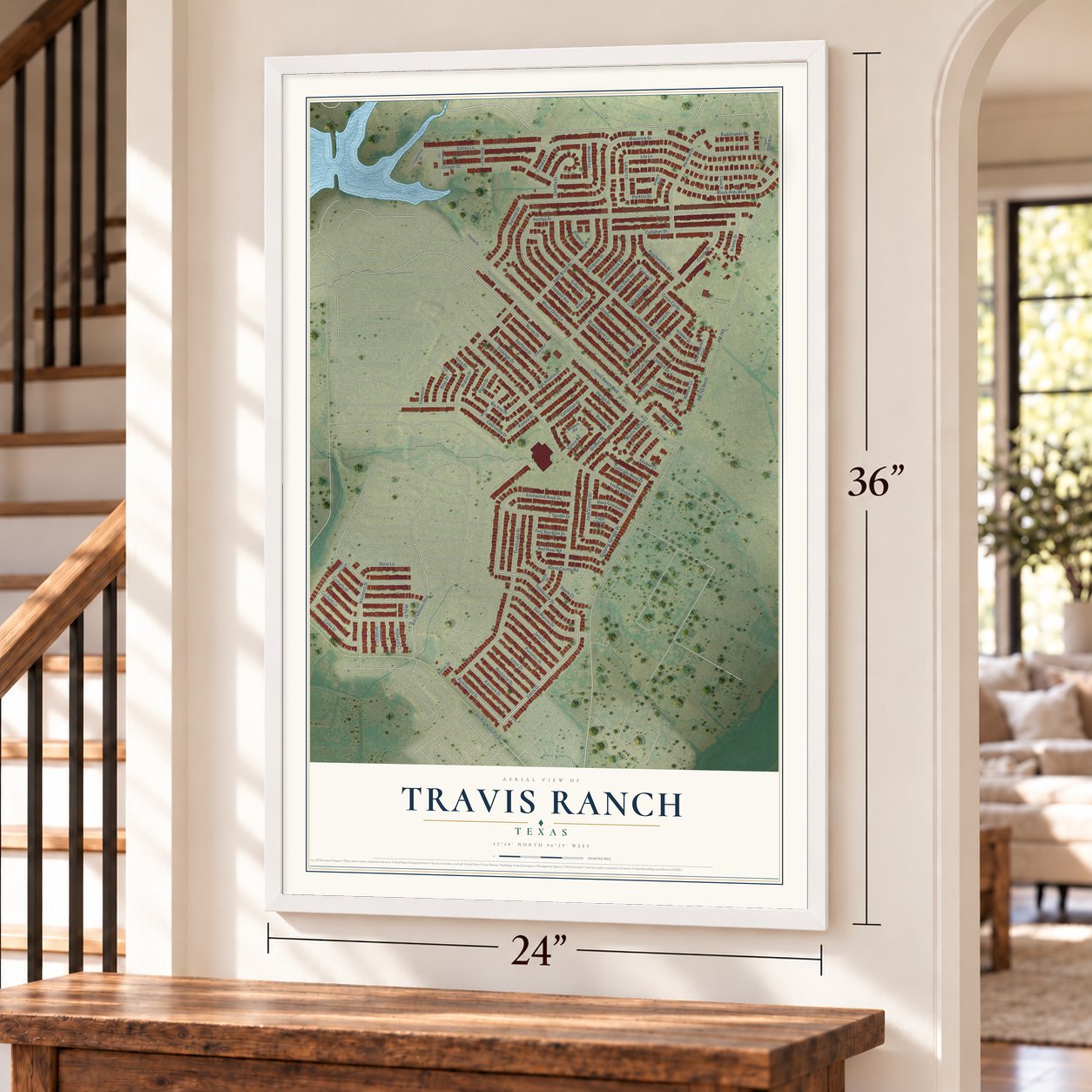 Travis Ranch, Texas map, 24 x 36 inch print in a white frame by a staircase