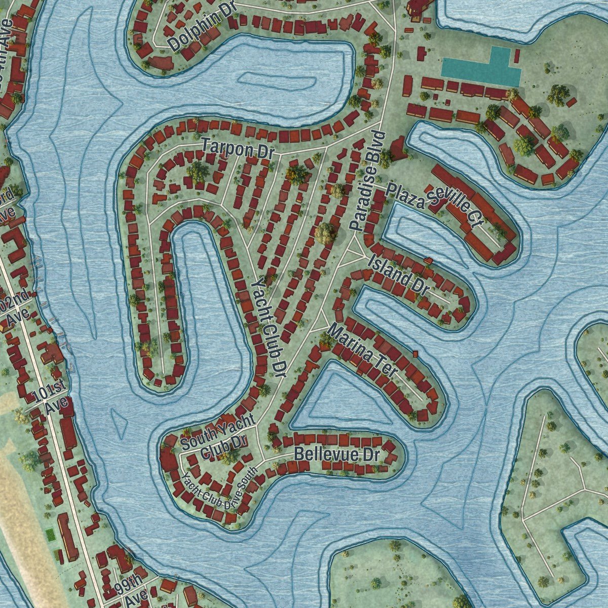 Second close-up of the map of Treasure Island, Florida print showing more streets and buildings