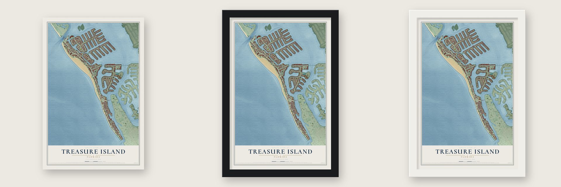 Treasure Island, Florida map unframed, in a black wood frame and in a white wood frame