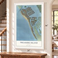 Treasure Island, Florida map, 24 x 36 inch print in a white frame by a staircase