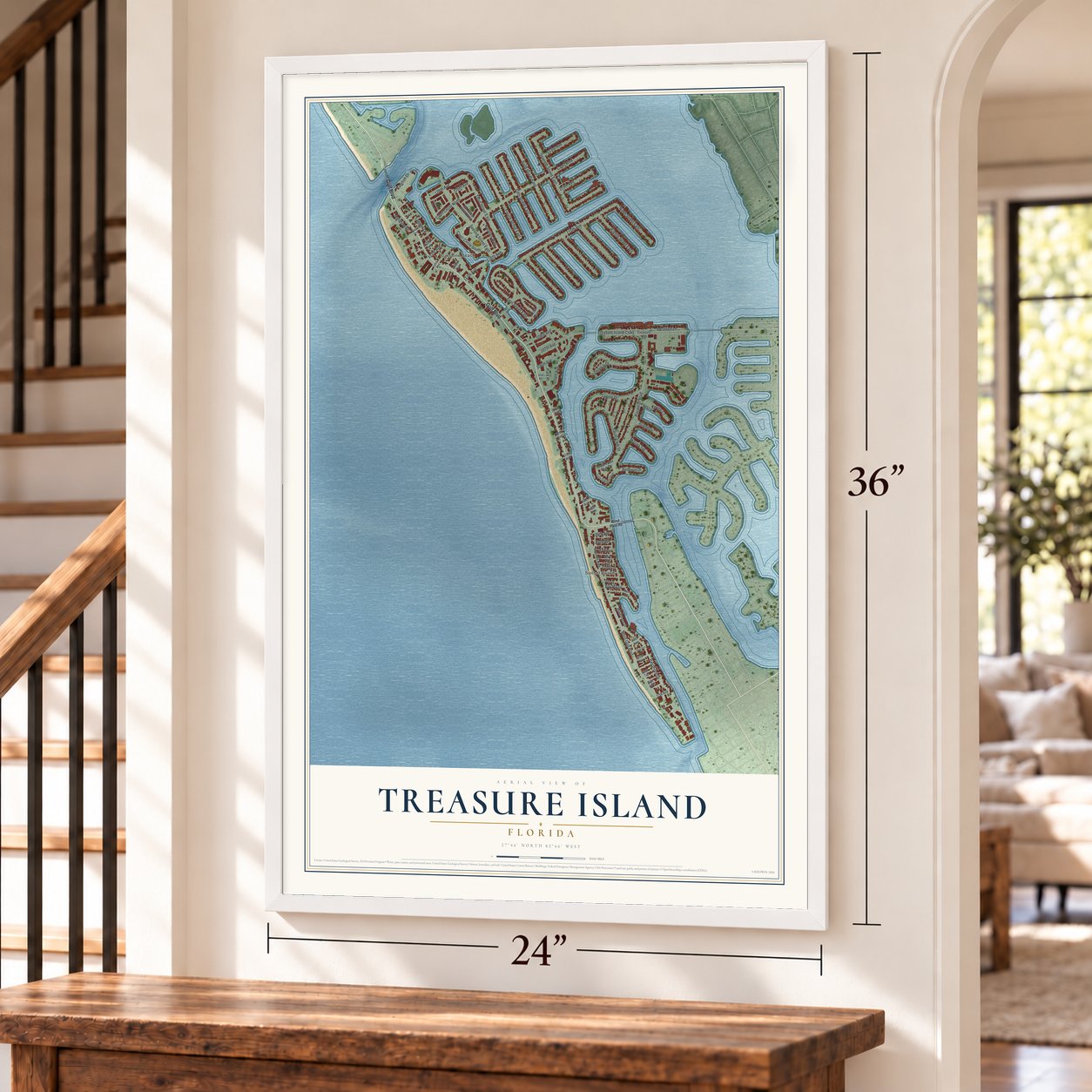 Treasure Island, Florida map, 24 x 36 inch print in a white frame by a staircase