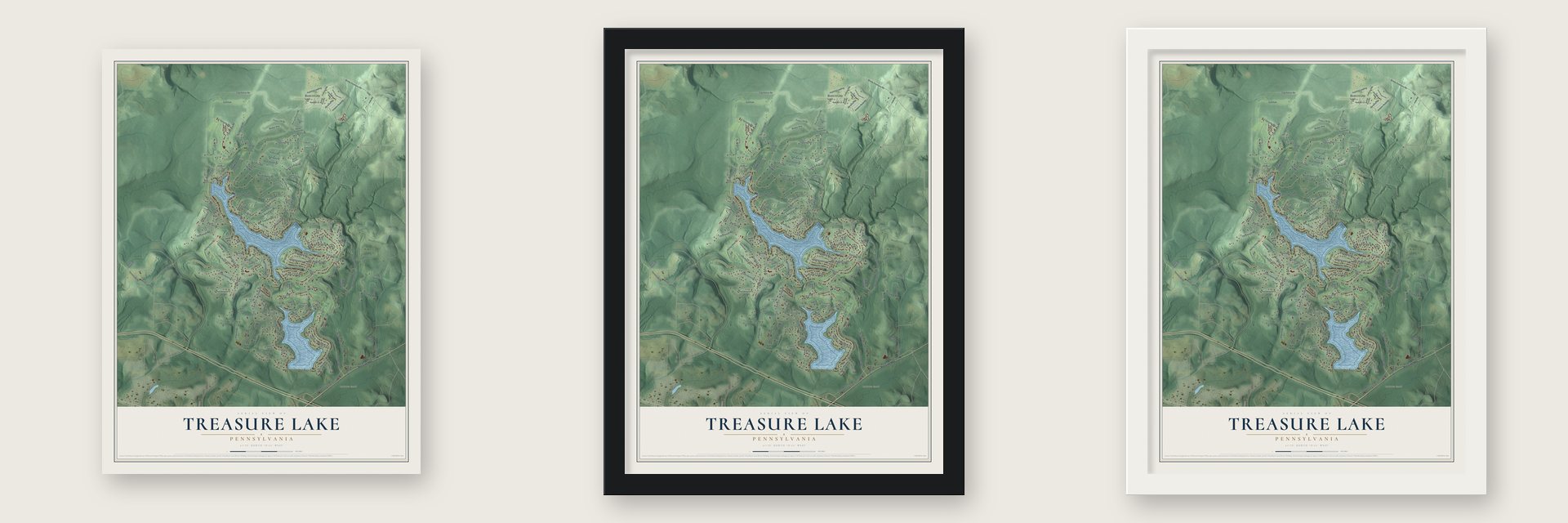 Treasure Lake, Pennsylvania map unframed, in a black wood frame and in a white wood frame