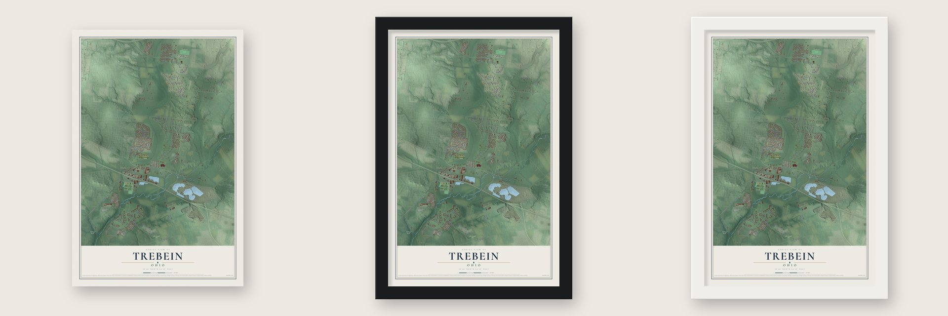 Trebein, Ohio map unframed, in a black wood frame and in a white wood frame