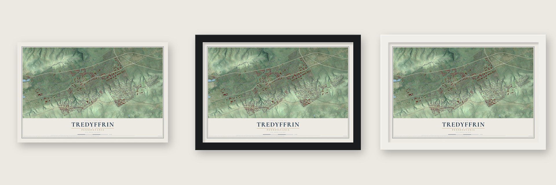 Tredyffrin, Pennsylvania map unframed, in a black wood frame and in a white wood frame