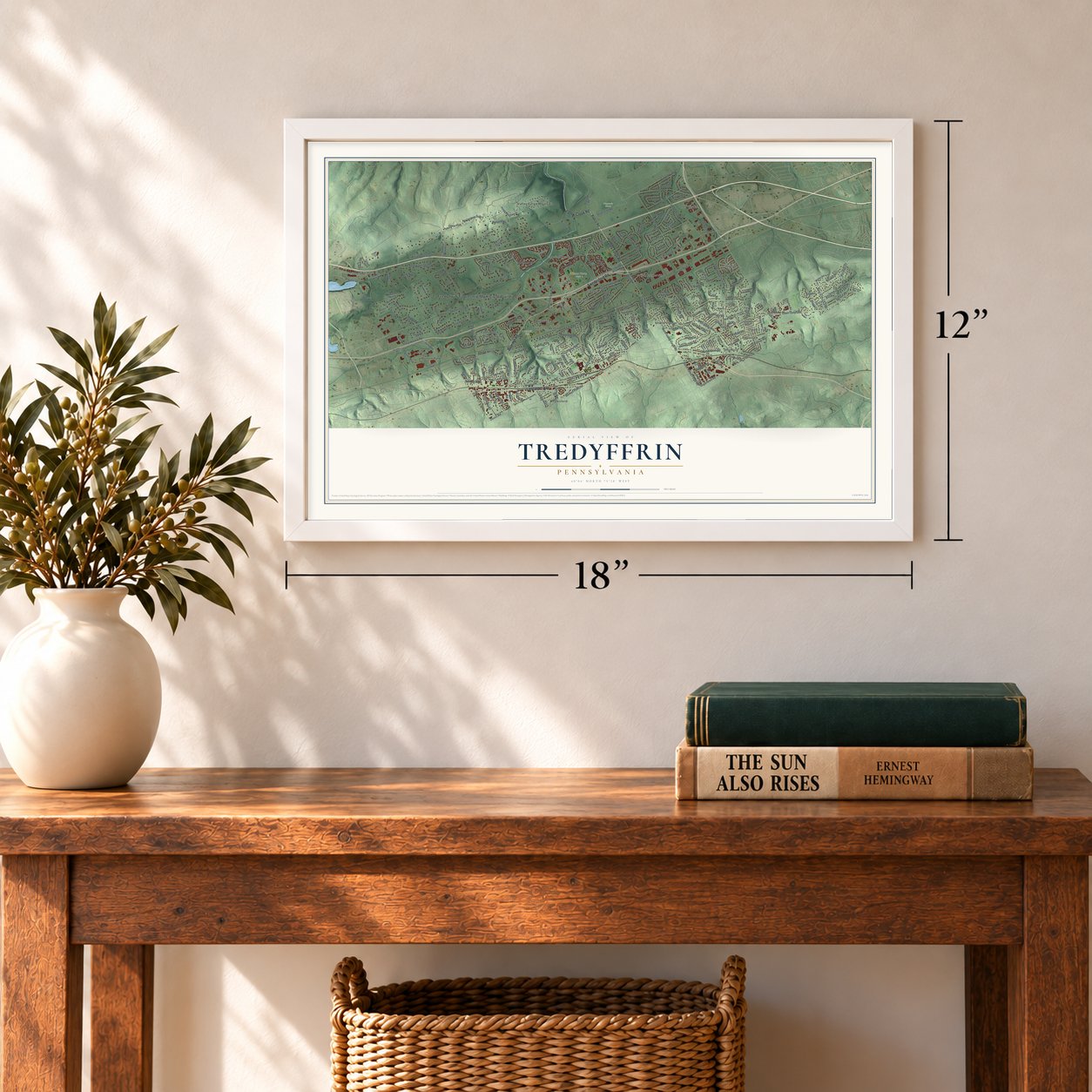 Tredyffrin, Pennsylvania map, 12 x 18 inch print in a white frame in an entryway