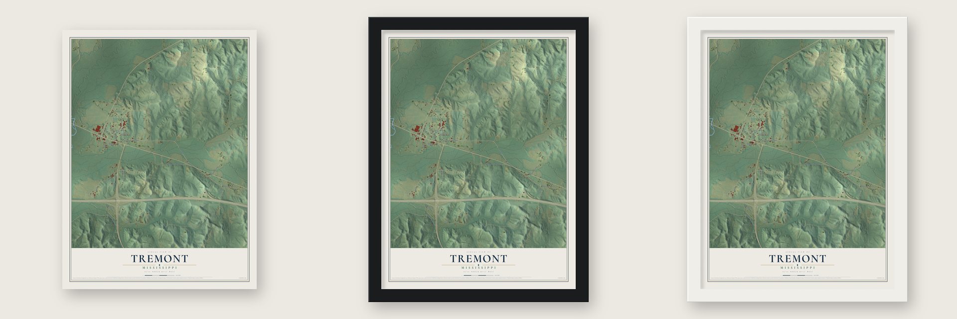Tremont, Mississippi map unframed, in a black wood frame and in a white wood frame